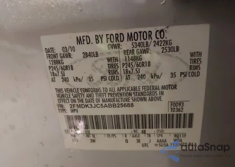 2010 Ford Edge Sel z USA, uszkodzony, nr VIN 2FMDK3JC5ABB25688